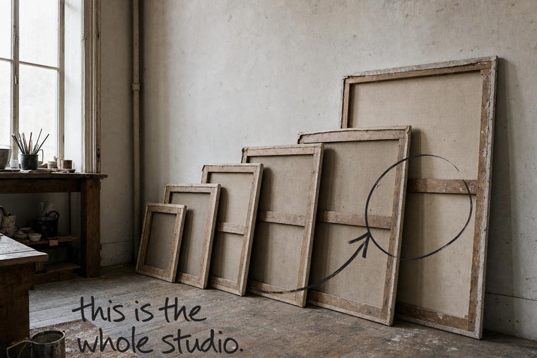 Five stretched canvases of different sizes standing in a row, all turned face to the wall, the largest canvas in the row circled in open black marker, an arrow from the handwritten words this is the whole studio, by Willem van der Krieken