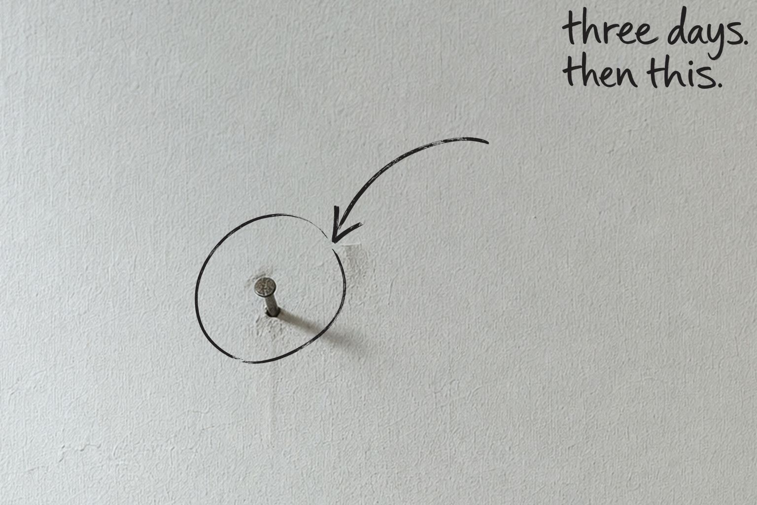 A single nail left in a bare plaster wall, fresh dust below it, the nail circled in open black marker, an arrow from the handwritten words three days, then this, by Willem van der Krieken