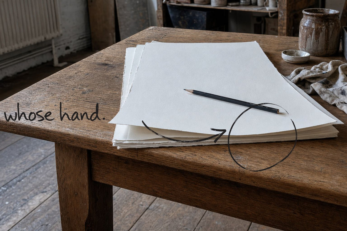A small stack of uncoated printmaking sheets on an oak table with a graphite pencil across them, the pencil on the stack circled in open black marker, an arrow from the handwritten words whose hand, by Willem van der Krieken