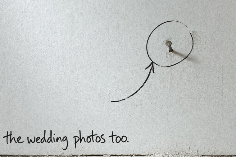 A single nail left in a bare plaster wall, fresh dust below it, the nail circled in open black marker, an arrow from the handwritten words the wedding photos too, by Willem van der Krieken