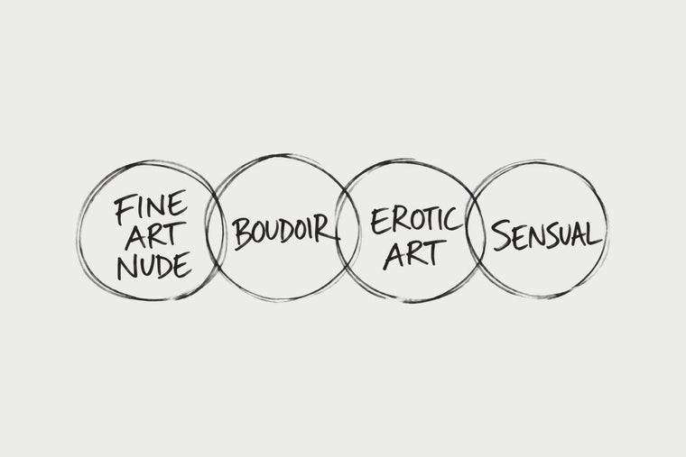 Marker drawing of four overlapping ovals labelled fine art nude, boudoir, erotic art and sensual, showing how the four terms overlap, by Willem van der Krieken