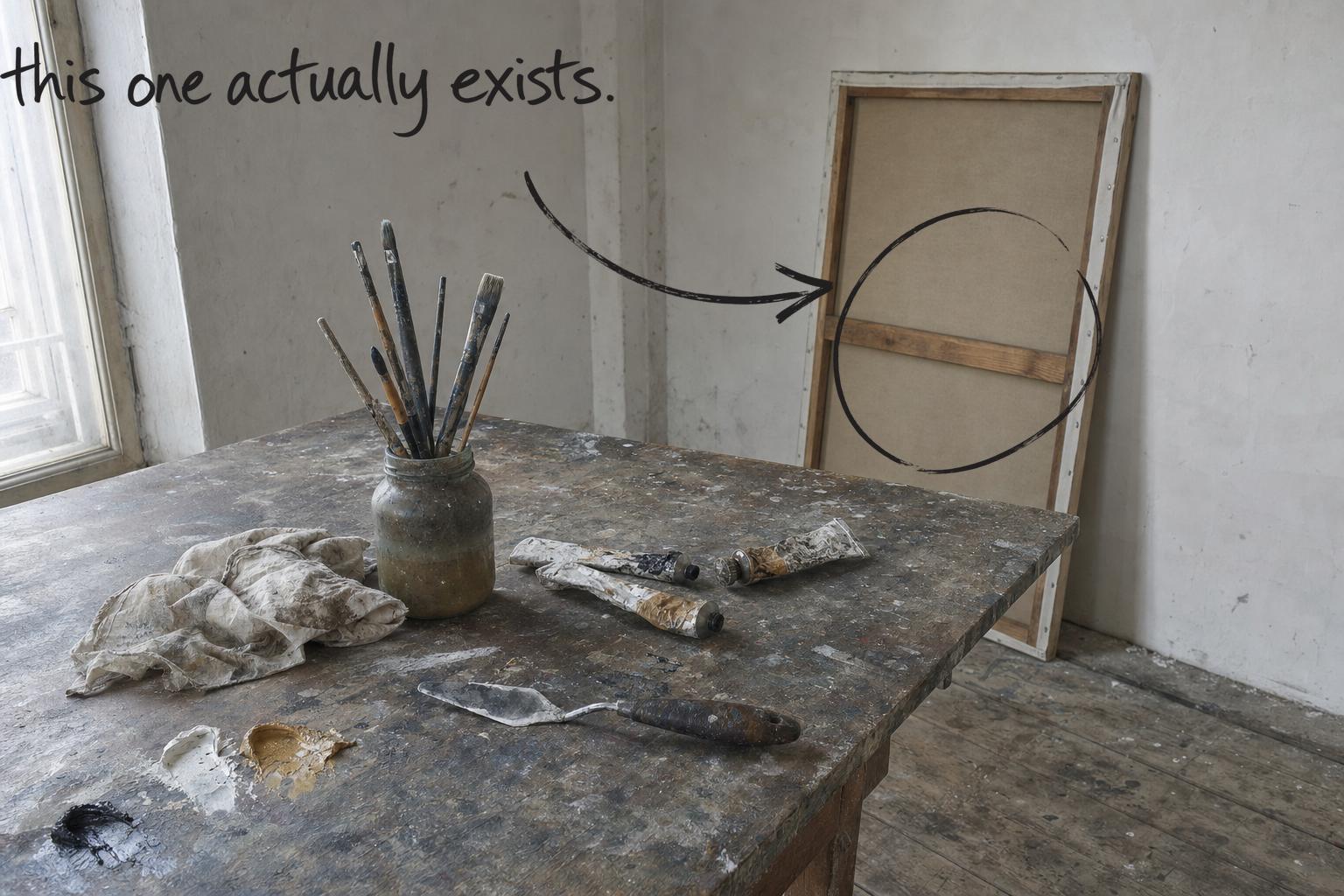 A paint-stained studio table with oil paint, brushes in turpentine and a canvas standing edge-on behind it, the canvas at the back circled in open black marker, an arrow from the handwritten words this one actually exists, by Willem van der Krieken