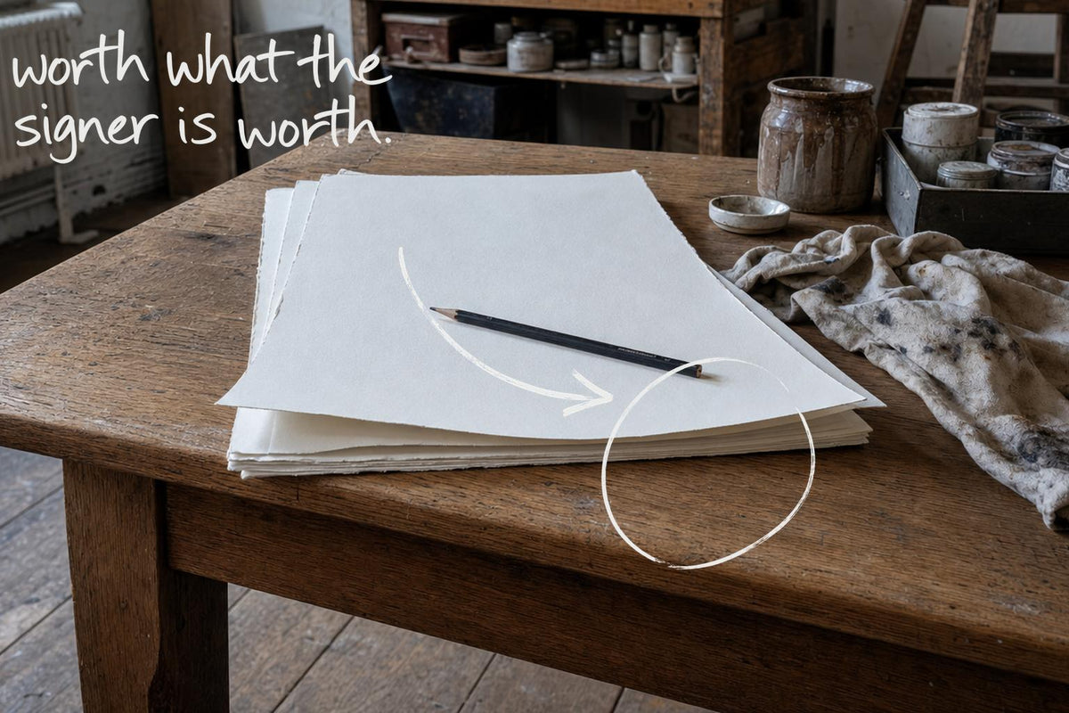 A small stack of uncoated printmaking sheets on an oak table with a graphite pencil across them, the pencil on the stack circled in open black marker, an arrow from the handwritten words worth what the signer is worth, by Willem van der Krieken
