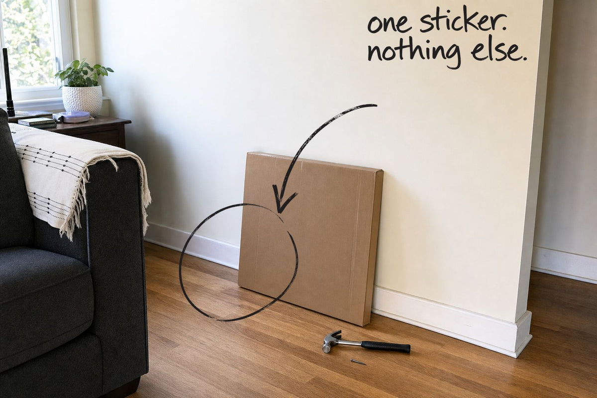 A flat cardboard shipping box leaning against a wall, still taped shut, the shipping box circled in open black marker, an arrow from the handwritten words one sticker, nothing else, by Willem van der Krieken