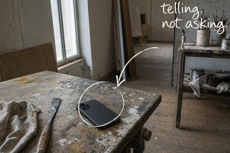 A mobile phone lying face down on a paint-stained studio table, the phone lying face down circled in open black marker, an arrow from the handwritten words telling, not asking, by Willem van der Krieken