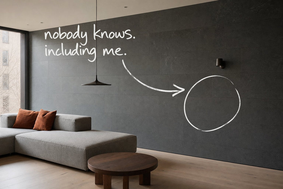 A living room with a dark honed stone wall along its length and a stone grey sofa, the empty stone wall circled in open black marker, an arrow from the handwritten words nobody knows, including me, by Willem van der Krieken