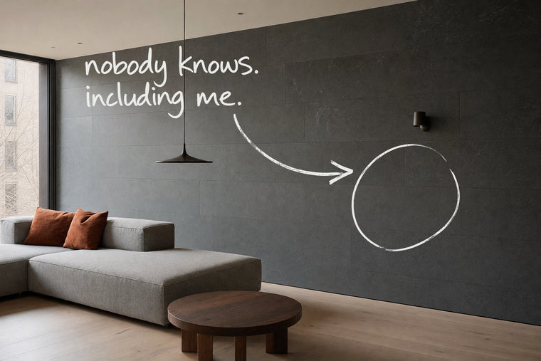 A living room with a dark honed stone wall along its length and a stone grey sofa, the empty stone wall circled in open black marker, an arrow from the handwritten words nobody knows, including me, by Willem van der Krieken