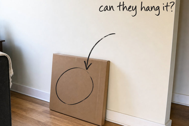 A flat cardboard shipping box leaning against a wall, still taped shut, the flat shipping box circled in open black marker, an arrow from the handwritten words can they hang it, by Willem van der Krieken