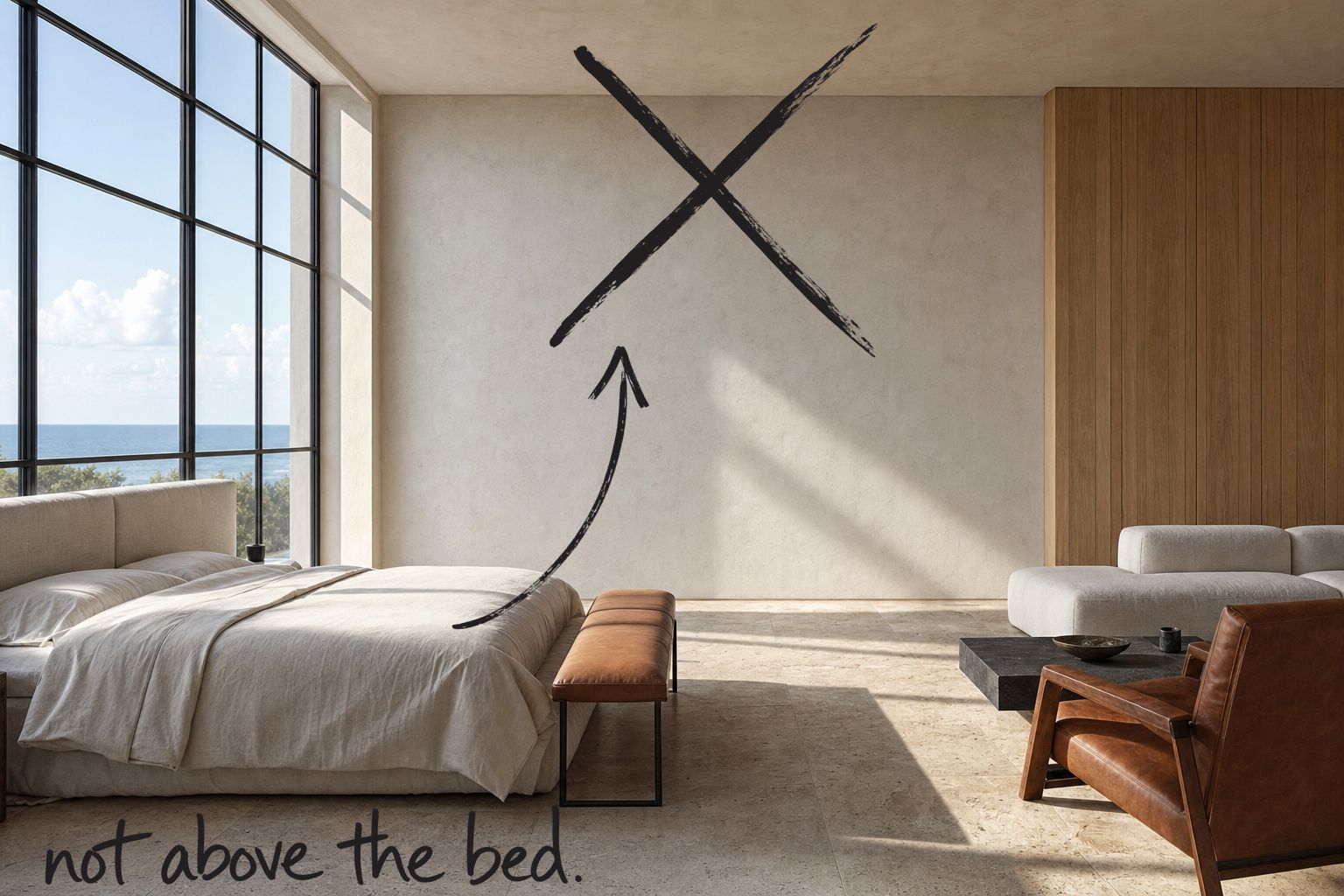 A coastal loft bedroom with a steel-framed window and a travertine floor, the wall above the headboard struck through with a black marker cross, an arrow from the handwritten words not above the bed, by Willem van der Krieken