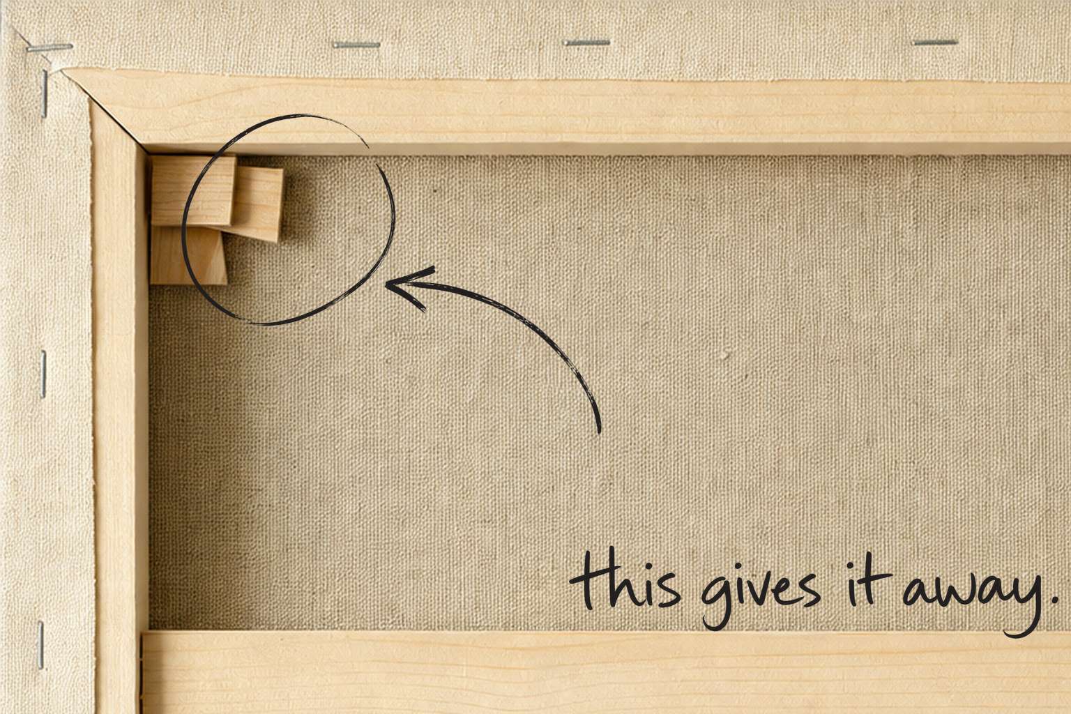 The back of a stretched canvas, its wooden keys and staples visible, the wooden keys and staples circled in open black marker, an arrow from the handwritten words this gives it away, by Willem van der Krieken
