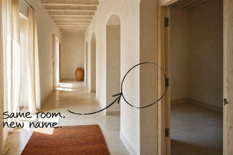 A plastered corridor with an open doorway into a small empty side room, the doorway into the empty room circled in open black marker, an arrow from the handwritten words same room, new name, by Willem van der Krieken