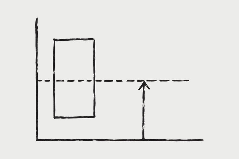 Marker drawing of a wall and floor line with an empty upright canvas on it, a dashed line through its centre and an arrow measuring that height from the floor, by Willem van der Krieken