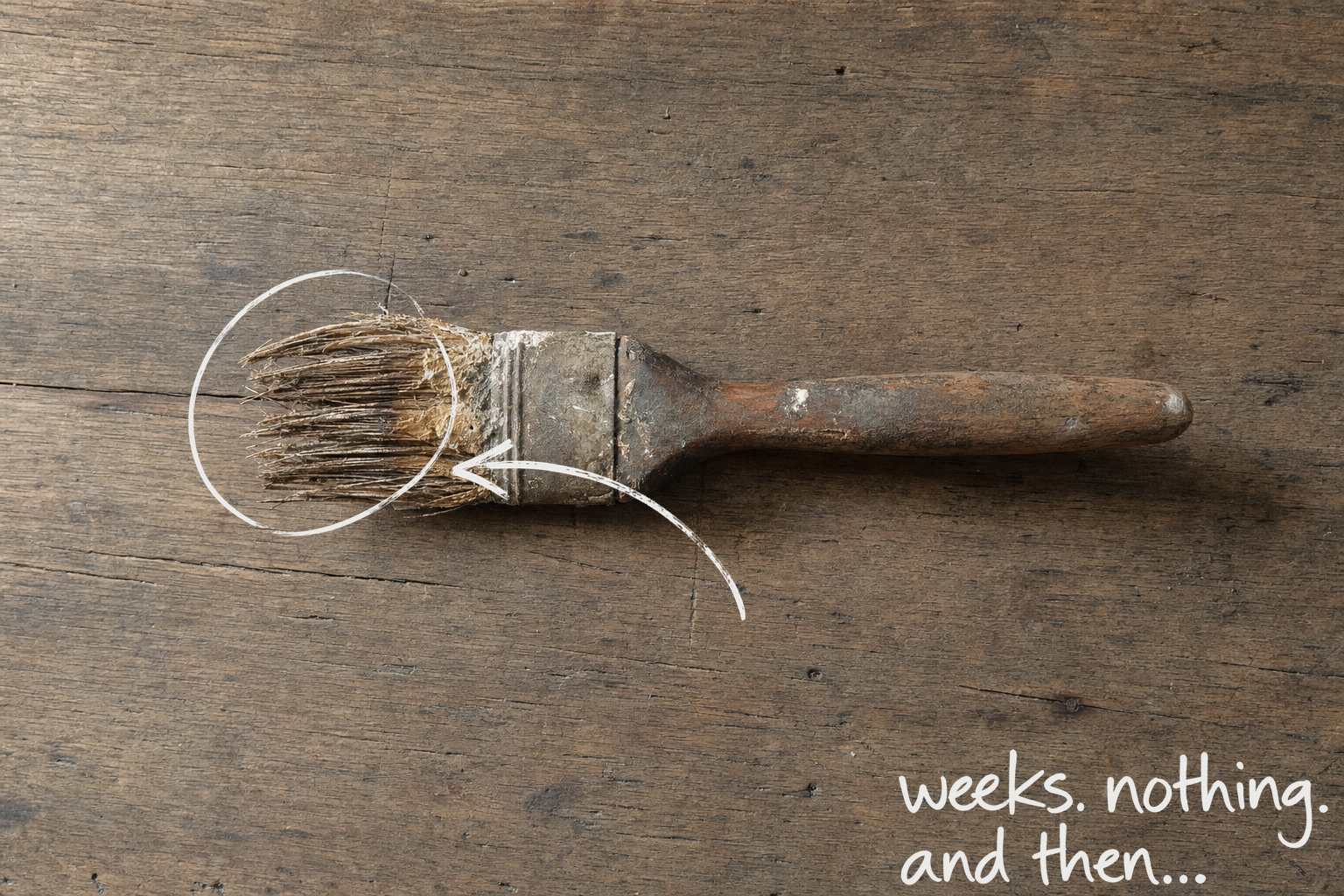One old paintbrush lying on a worn wooden table, its bristles splayed and stiff with paint dried hard into them, the dried bristles circled in open black marker, an arrow from the handwritten words weeks, nothing, and then, by Willem van der Krieken