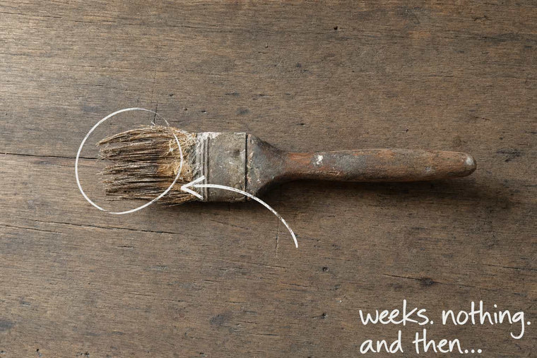 One old paintbrush lying on a worn wooden table, its bristles splayed and stiff with paint dried hard into them, the dried bristles circled in open black marker, an arrow from the handwritten words weeks, nothing, and then, by Willem van der Krieken