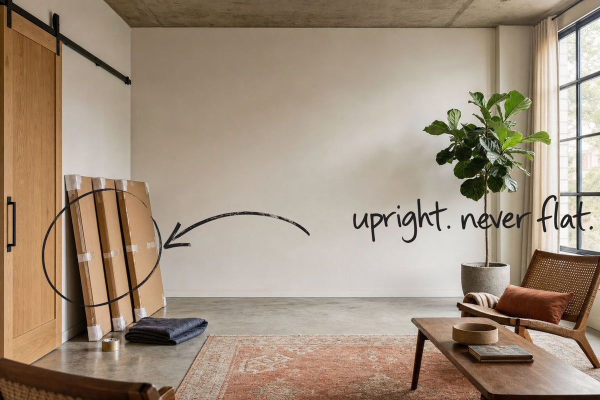 A room mid-move with three flat painting boxes standing upright on their edges against a bare wall, the upright boxes circled in open black marker, an arrow from the handwritten words upright, never flat, by Willem van der Krieken