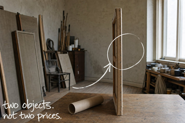 A cardboard postal tube on a studio table with a stretched canvas standing edge-on behind it, the canvas beside the tube circled in open black marker, an arrow from the handwritten words two objects, not two prices, by Willem van der Krieken