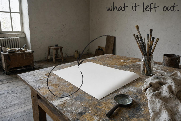 A sheet of photographic paper lying face down on a studio table beside a magnifying glass, the sheet lying face down circled in open black marker, an arrow from the handwritten words what it left out, by Willem van der Krieken