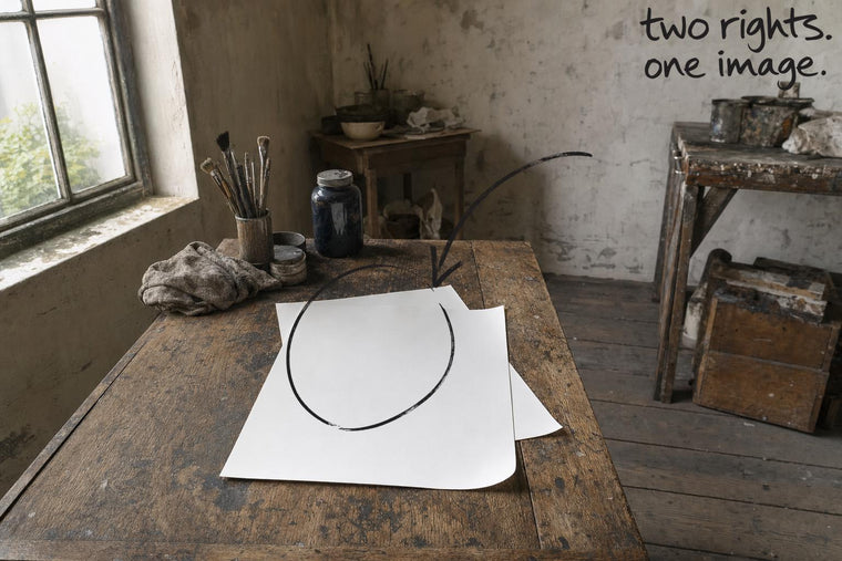 Two blank sheets of photographic paper on a studio table, one overlapping the other, the overlap of the two sheets circled in open black marker, an arrow from the handwritten words two rights, one image, by Willem van der Krieken