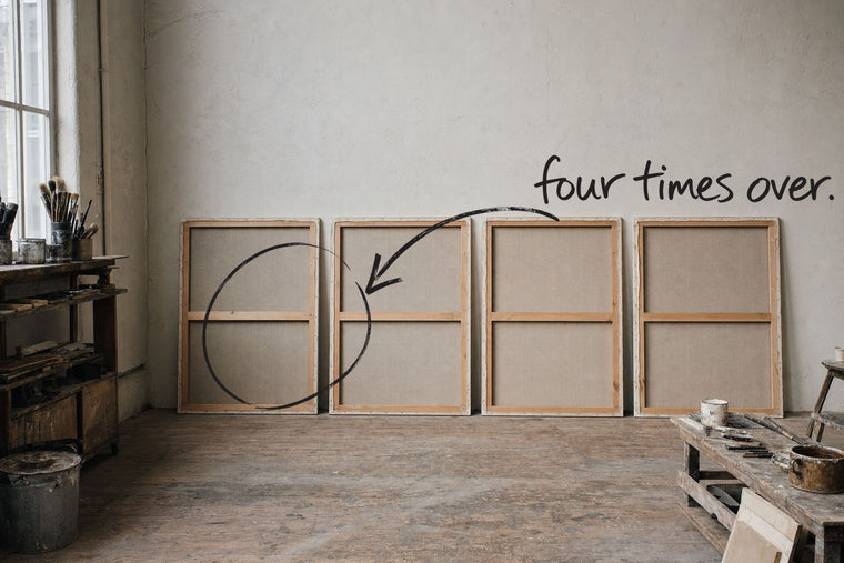 Four stretched canvases of the same size standing in a row, all turned face to the wall, one of the four canvases circled in open black marker, an arrow from the handwritten words four times over, by Willem van der Krieken
