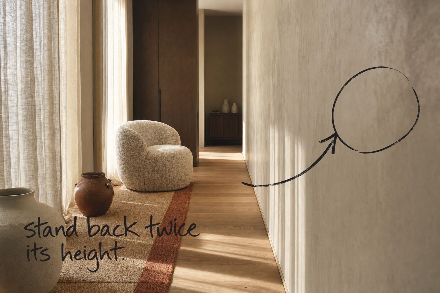 A narrow corridor in daylight, the near wall close to the camera, the near wall circled in open black marker, an arrow from the handwritten words stand back twice its height, by Willem van der Krieken