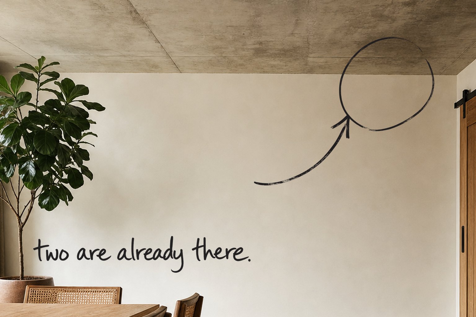 A dining room with a concrete ceiling and a steel-framed window, the wall below the concrete ceiling circled in open black marker, an arrow from the handwritten words two are already there, by Willem van der Krieken