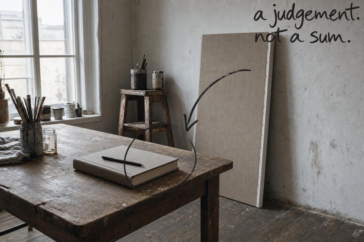 A closed notebook with a pen across it on a studio table, a canvas standing edge-on behind, the closed notebook circled in open black marker, an arrow from the handwritten words a judgement, not a sum, by Willem van der Krieken