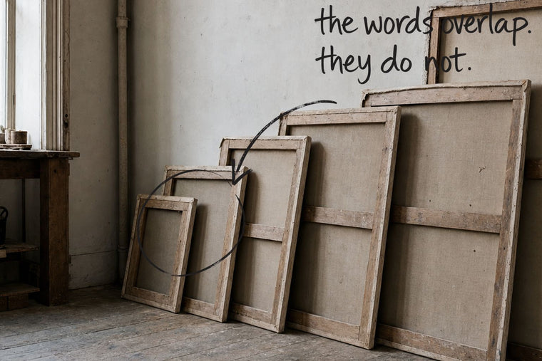 Five stretched canvases of different sizes standing in a row, all turned face to the wall, where two of the canvases overlap circled in open black marker, an arrow from the handwritten words the words overlap, they do not, by Willem van der Krieken