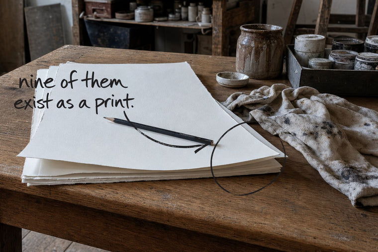 A small stack of uncoated printmaking sheets on an oak table with a graphite pencil across them, the stack of printmaking sheets circled in open black marker, an arrow from the handwritten words nine of them exist as a print, by Willem van der Krieken