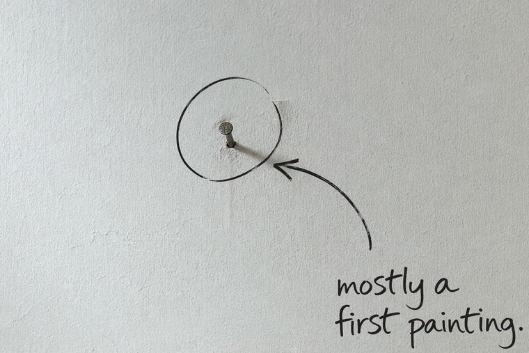 A single nail left in a bare plaster wall, fresh dust below it, the nail circled in open black marker, an arrow from the handwritten words mostly a first painting, by Willem van der Krieken
