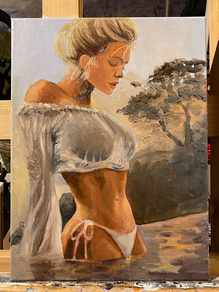 Natalee (White Top), erotic oil painting on canvas, 50 × 30 cm, by Willem van der Krieken