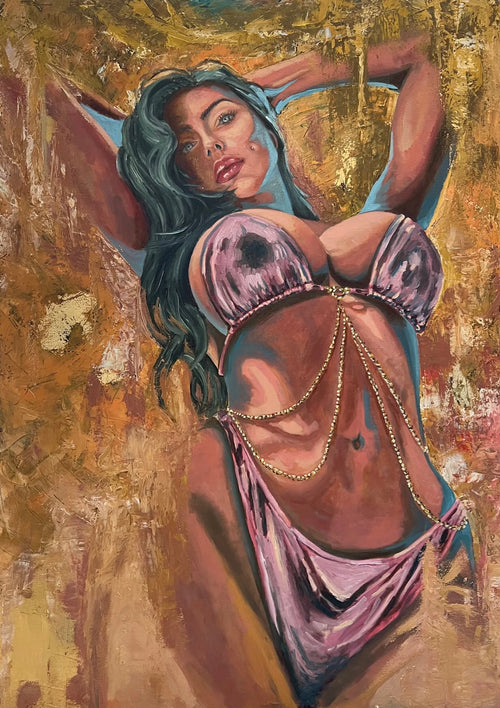 Dakota (Pink Bikini), erotic oil painting on canvas, 120 × 80 cm, by Willem van der Krieken