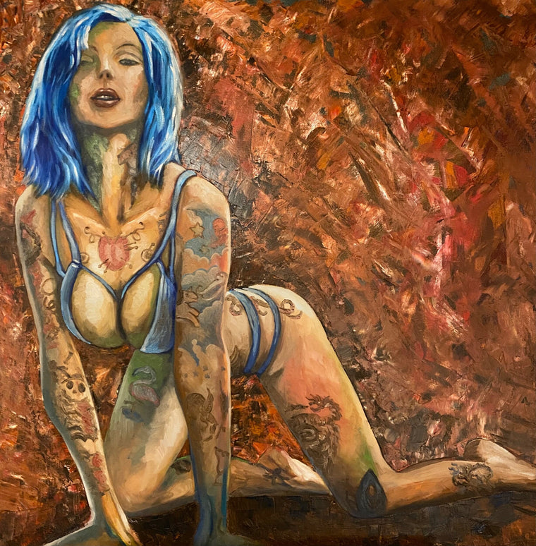 Riae (Blue Hair), erotic oil painting on canvas, 100 × 100 cm, by Willem van der Krieken