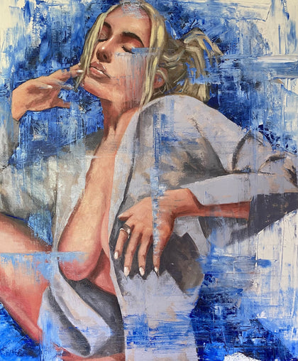 Lindsey (White Blouse), erotic oil painting on stretched canvas, 120 × 100 cm, by Willem van der Krieken