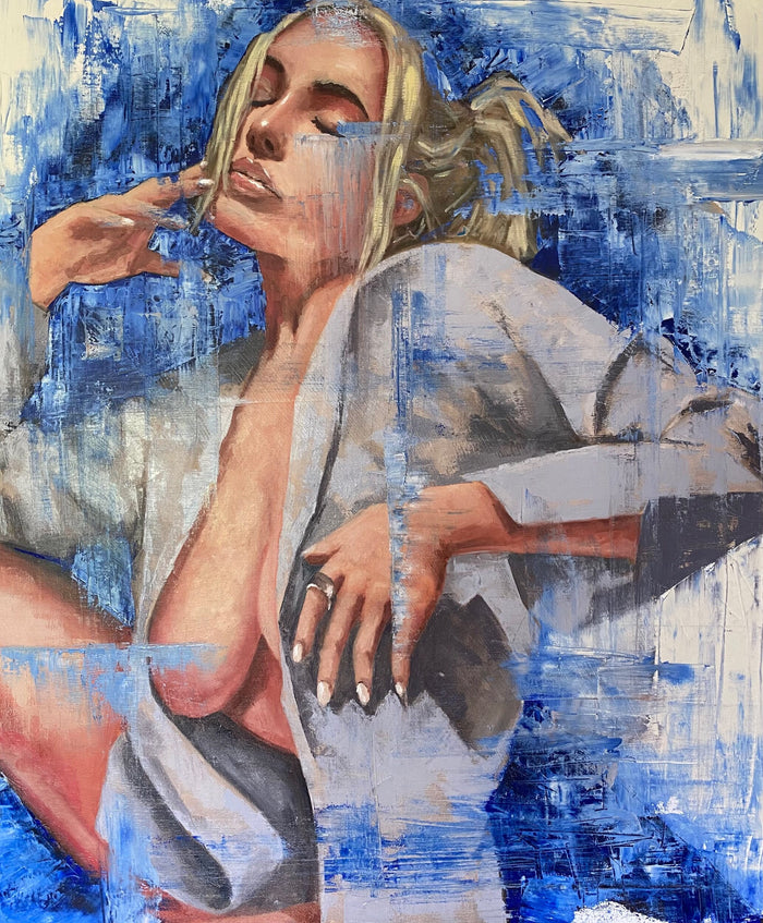 Lindsey (White Blouse), erotic oil painting on stretched canvas, 120 × 100 cm, by Willem van der Krieken