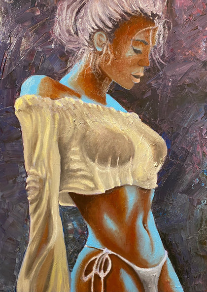 Natalee (Blue Light), erotic oil painting on canvas, 70 × 50 cm, by Willem van der Krieken