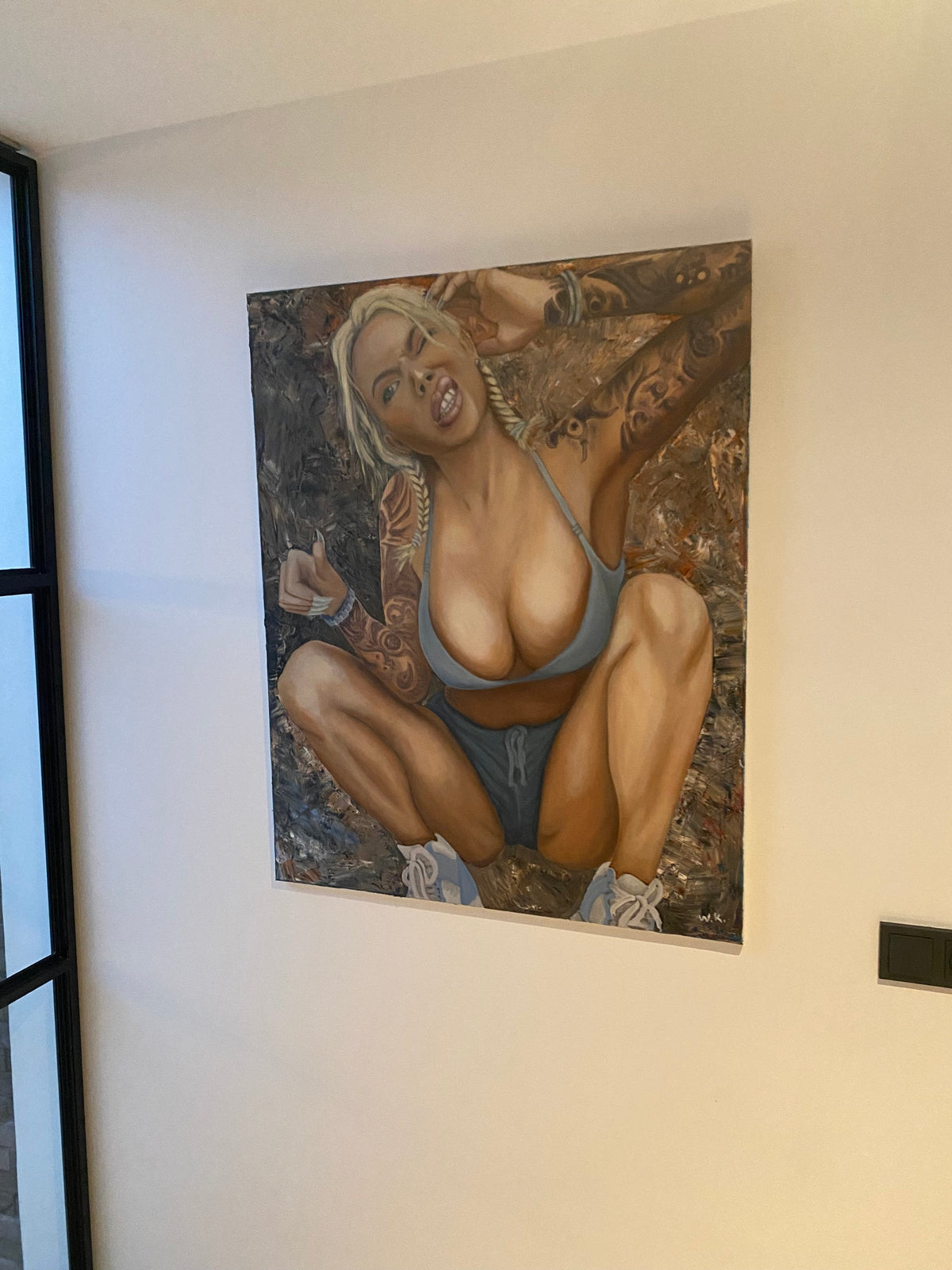 Kayleigh (Tattoos), detail, erotic oil painting on canvas, 100 × 80 cm, by Willem van der Krieken