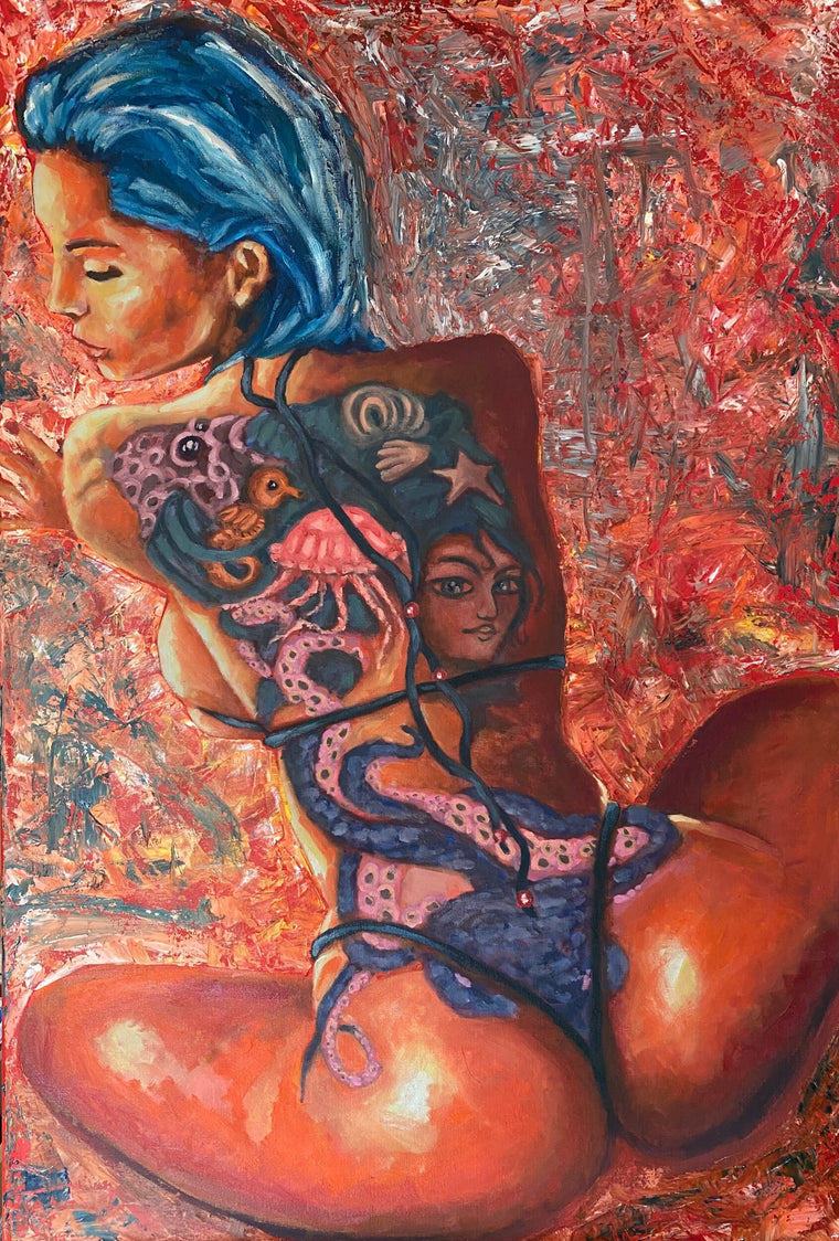 Riae (Bathing in Red), erotic oil painting on canvas, 120 × 80 cm, by Willem van der Krieken