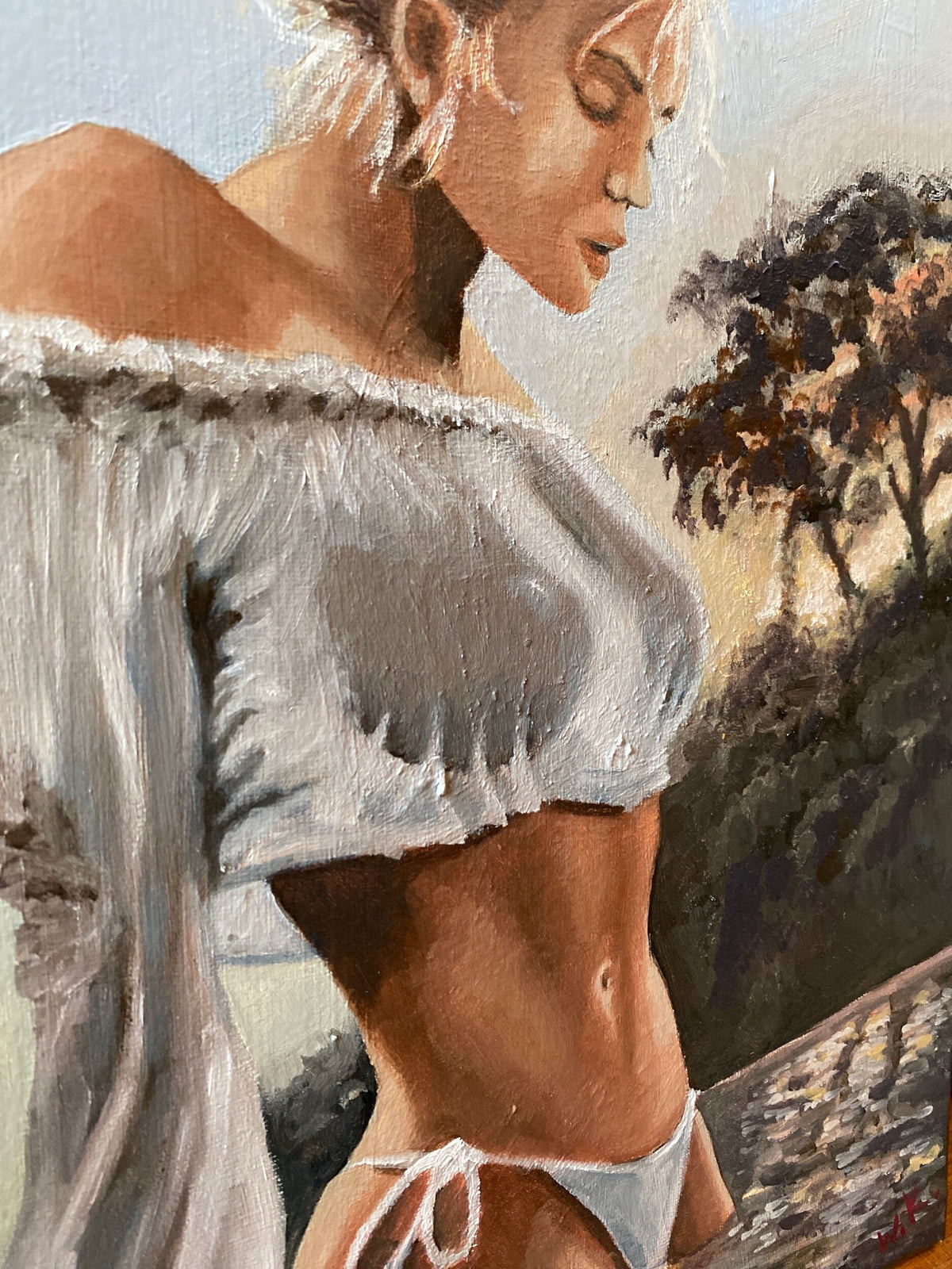 Natalee (White Top), detail, erotic oil painting on canvas, 50 × 30 cm, by Willem van der Krieken