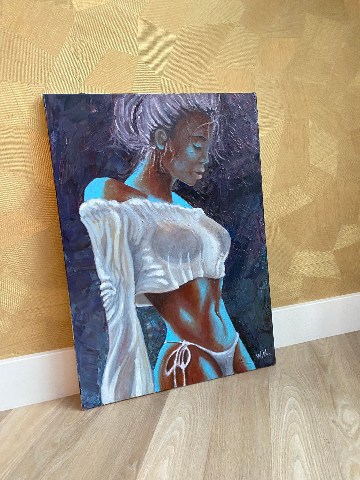 Natalee (Blue Light), detail, erotic oil painting on canvas, 70 × 50 cm, by Willem van der Krieken