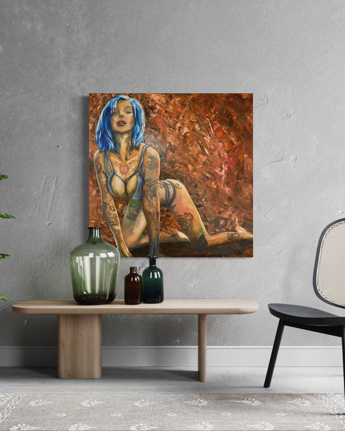 Riae (Blue Hair), detail, erotic oil painting on canvas, 100 × 100 cm, by Willem van der Krieken