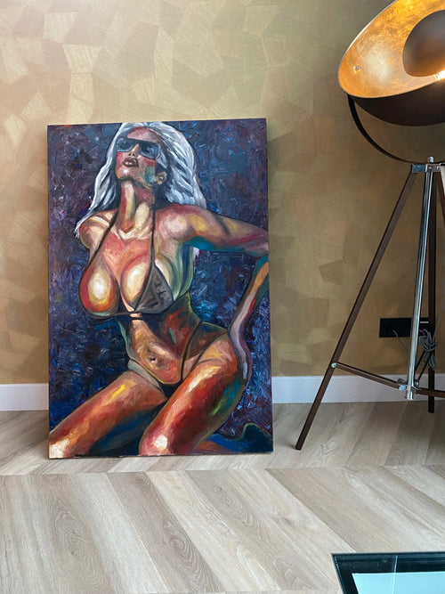 Dana (Black Bikini), detail, erotic oil painting on canvas, 120 × 80 cm, by Willem van der Krieken