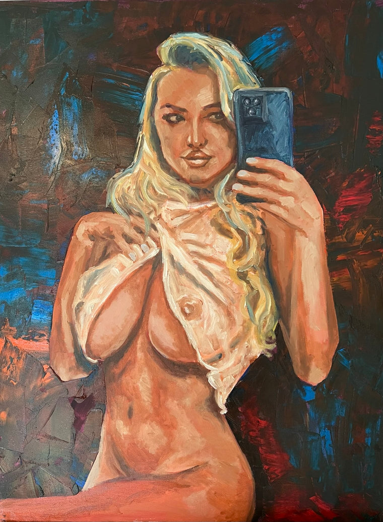Lindsey (The Mirror), erotic oil painting on stretched canvas, 100 × 80 cm, by Willem van der Krieken