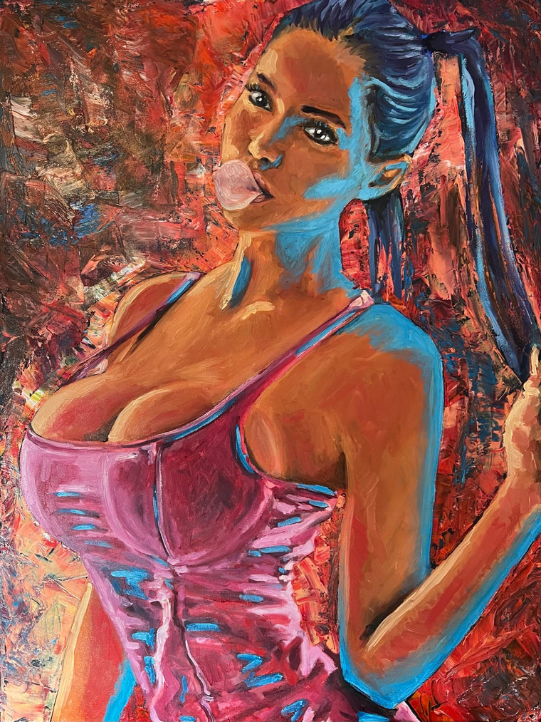 Marisol (Bubblegum), erotic oil painting on stretched canvas, 100 × 80 cm, by Willem van der Krieken