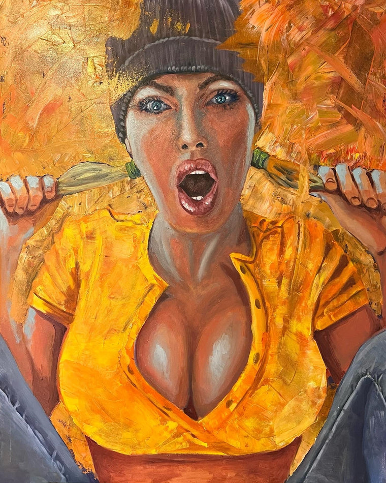Kayleigh (Green Straps), erotic oil painting on stretched canvas, 100 × 80 cm, by Willem van der Krieken