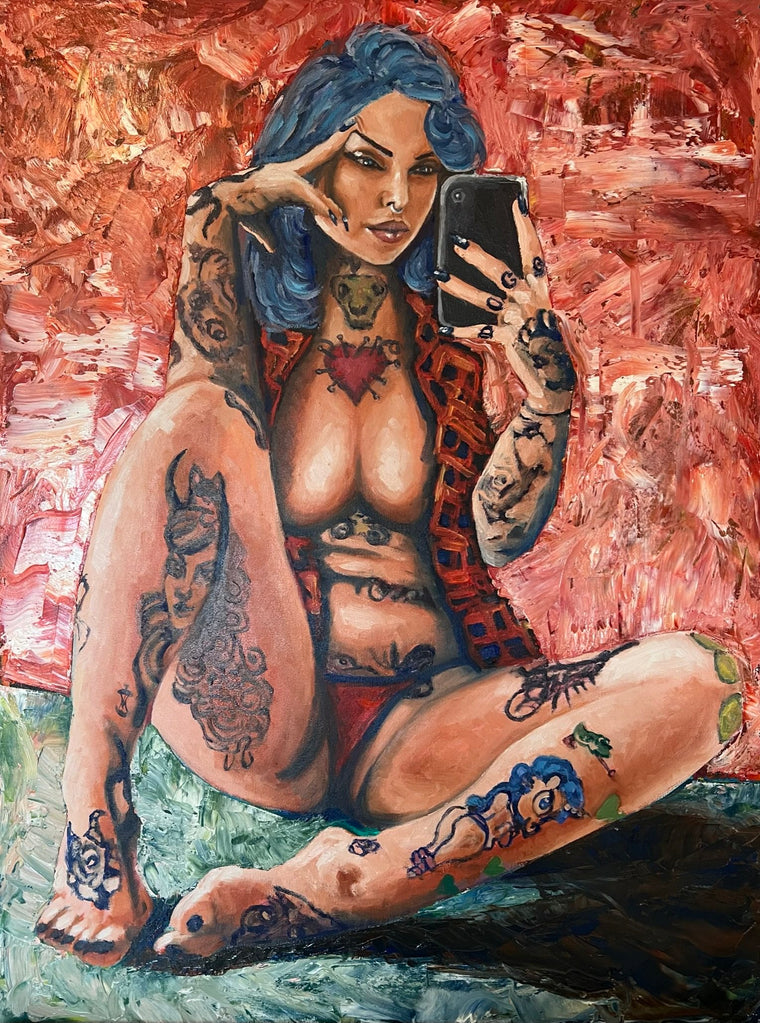 Riae (Mobile Phone), erotic oil painting on canvas, 100 × 80 cm, by Willem van der Krieken