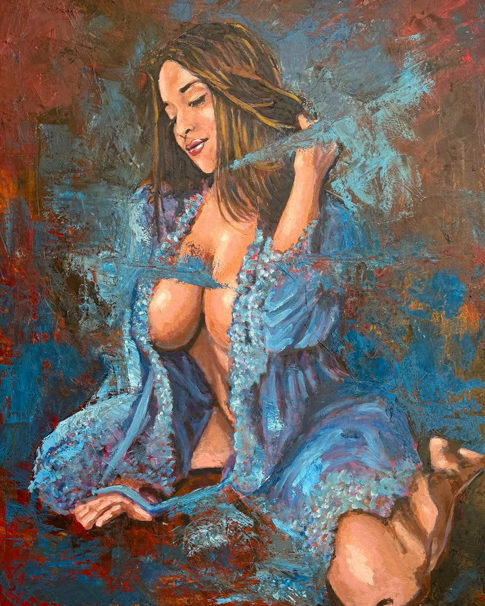 Pandora (Dreaming in Blue), erotic oil painting on stretched canvas, 100 × 80 cm, by Willem van der Krieken