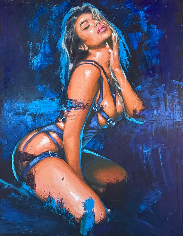 Sharina (Blue Nights), erotic oil painting on stretched canvas, 100 × 80 cm, by Willem van der Krieken