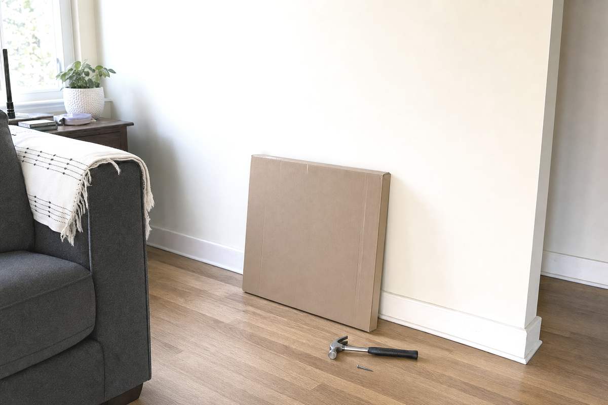 An unmarked shipping box standing against a white wall
