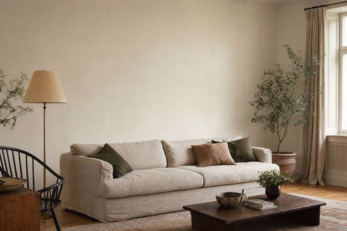A furnished room with an empty wall above the sofa