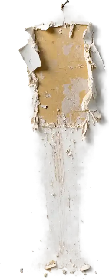 The place where a painting was pulled off the wall: the nail still in it, plaster curled back along the tear